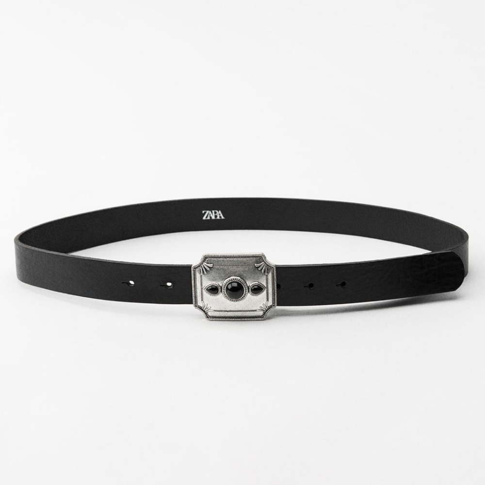 Size 32” | Zara | Black Leather Belt with Silver Buckle